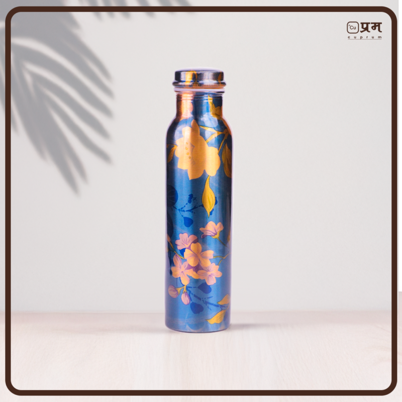 Flower Printed Pure Copper Water Bottle - 1 Litre - Image 6
