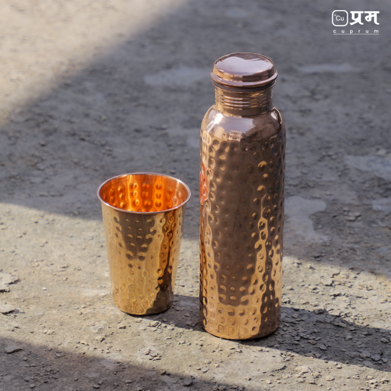 Cuprum Hammered Pure Copper Water Bottle & Glass