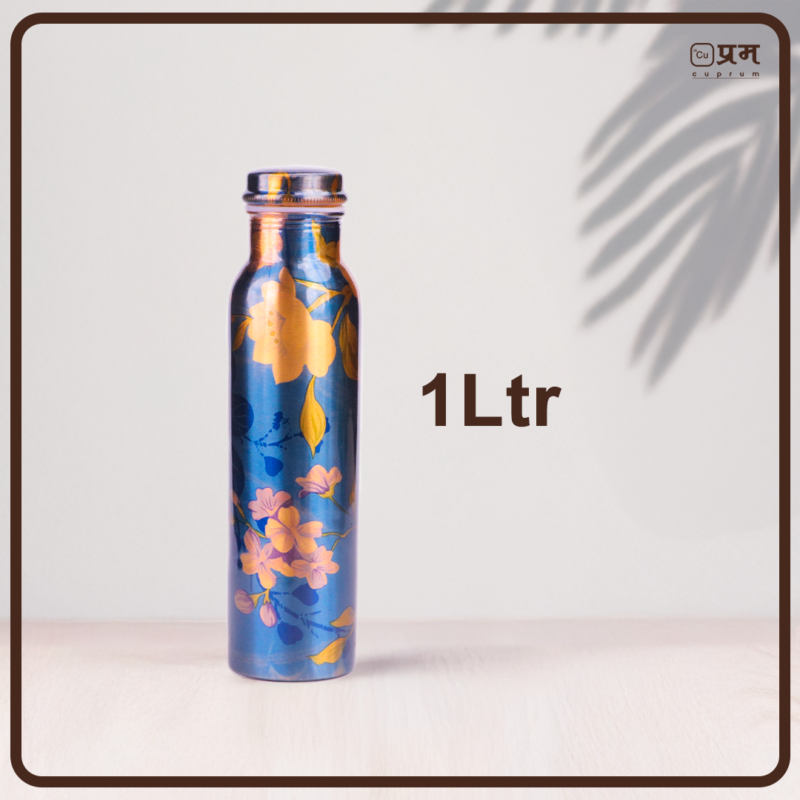 Flower Printed Pure Copper Water Bottle - 1 Litre - Image 5