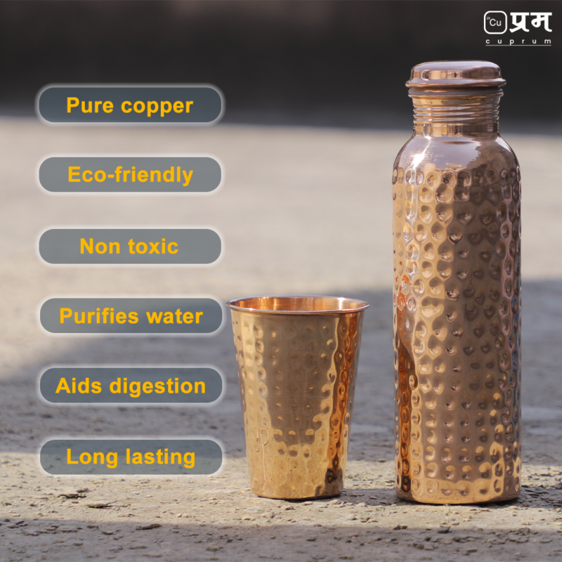 Cuprum Hammered Pure Copper Water Bottle & Glass - Image 2