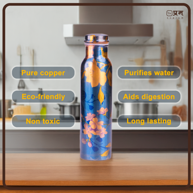Flower Printed Pure Copper Water Bottle - 1 Litre - Image 4