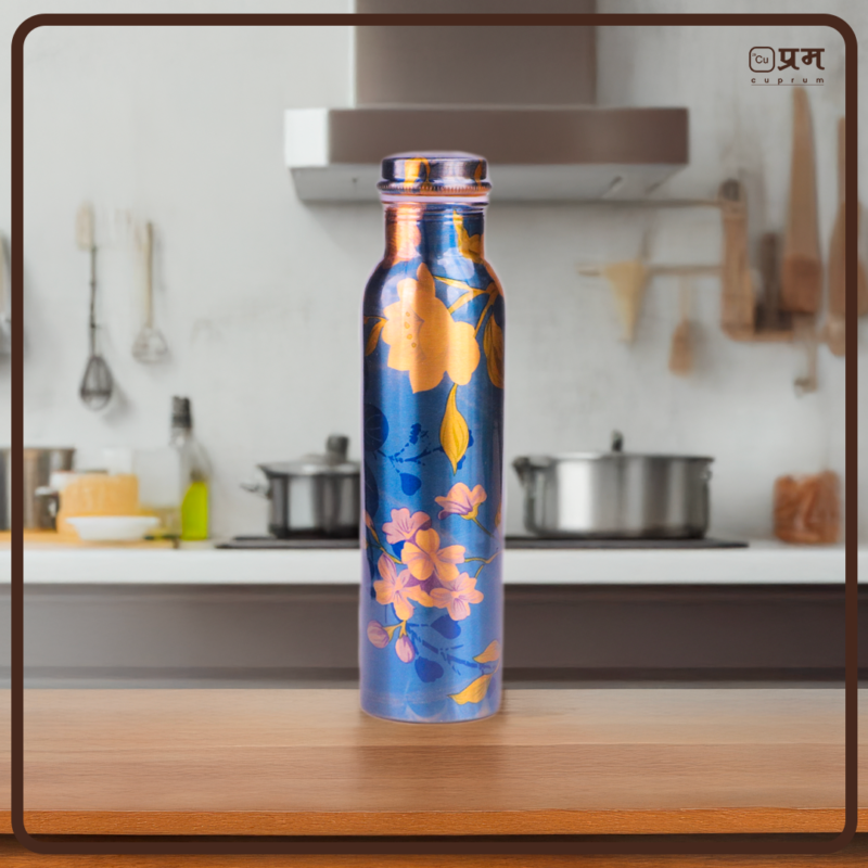 Flower Printed Pure Copper Water Bottle - 1 Litre - Image 3